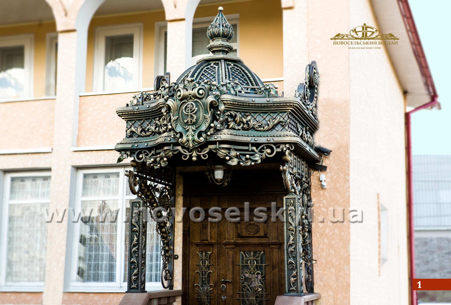 The forged canopy is made according to an individual design, decorated with acanthus leaves and molding